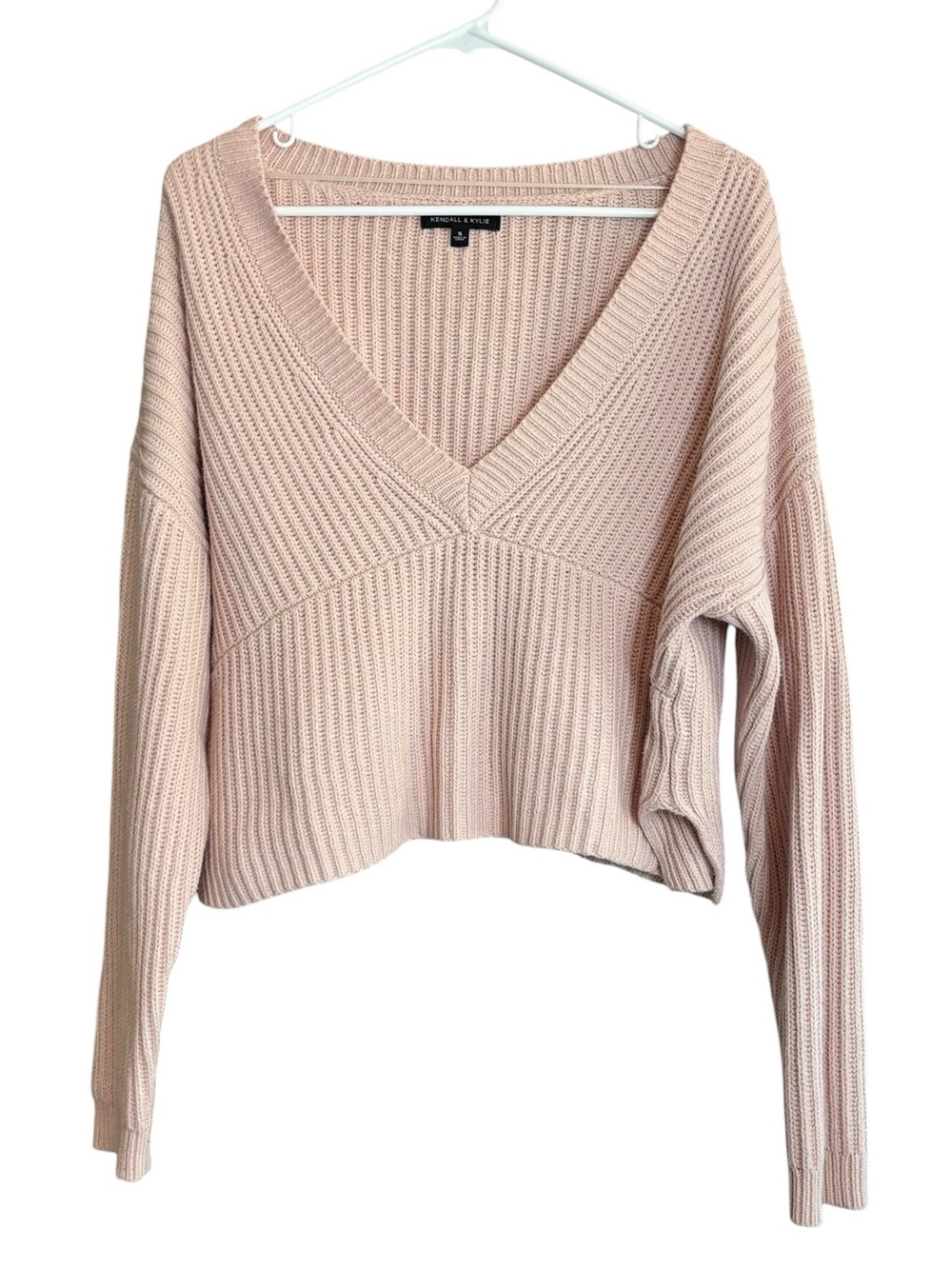 Kendall + Kylie Ribbed V-Neck Sweater Blush Pink Oversized Size Small